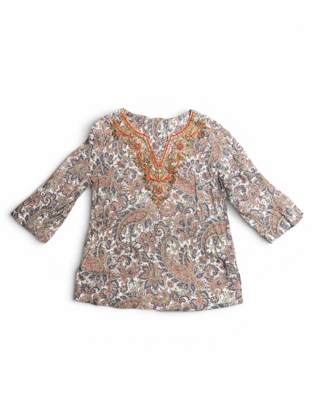 Soft Surroundings Small Paisley Embroidered V-Neck Blouse in Orange Cream & Blue
